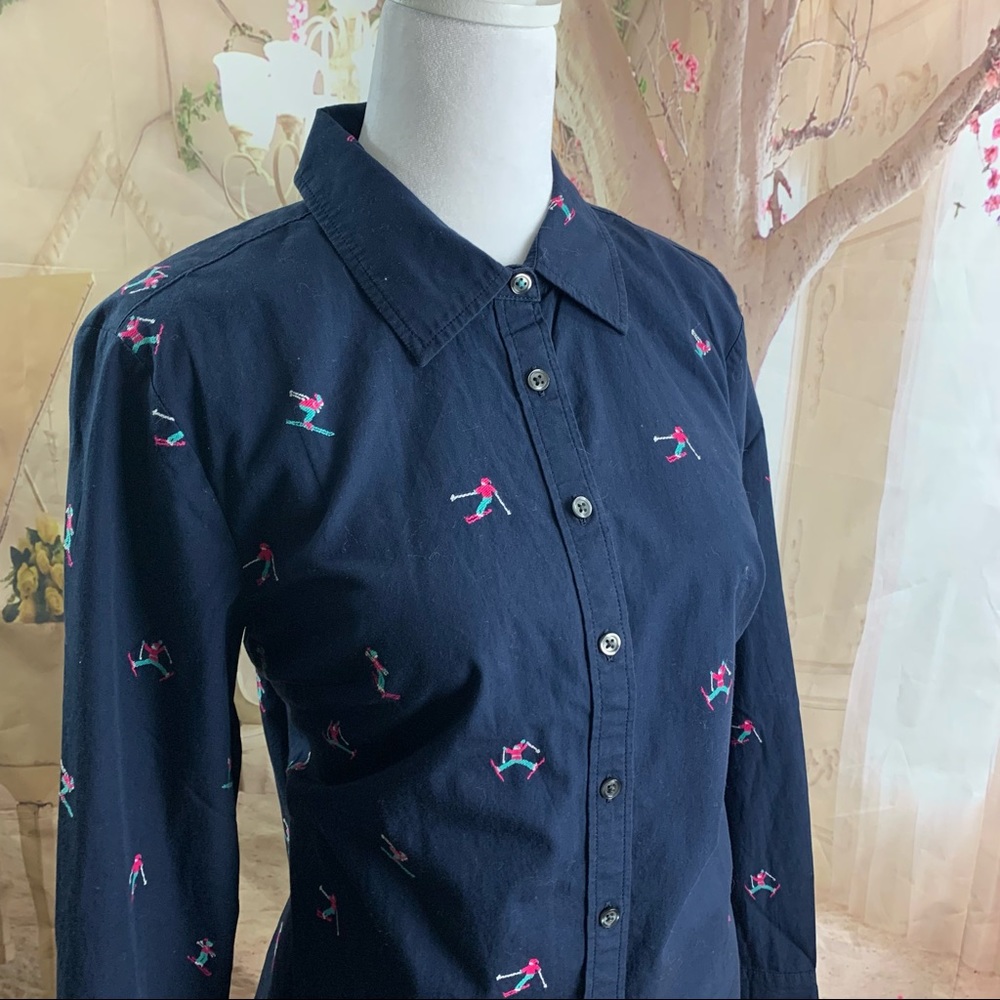 NEW Talbots Navy Embroidered Ski Print Button Down Shirt - Picture 5 of 10